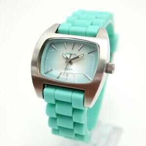 Diesel Ice Blue Silver Tone Tonneau 37mm Watch DZ2038 Silicone Strap New Battery
